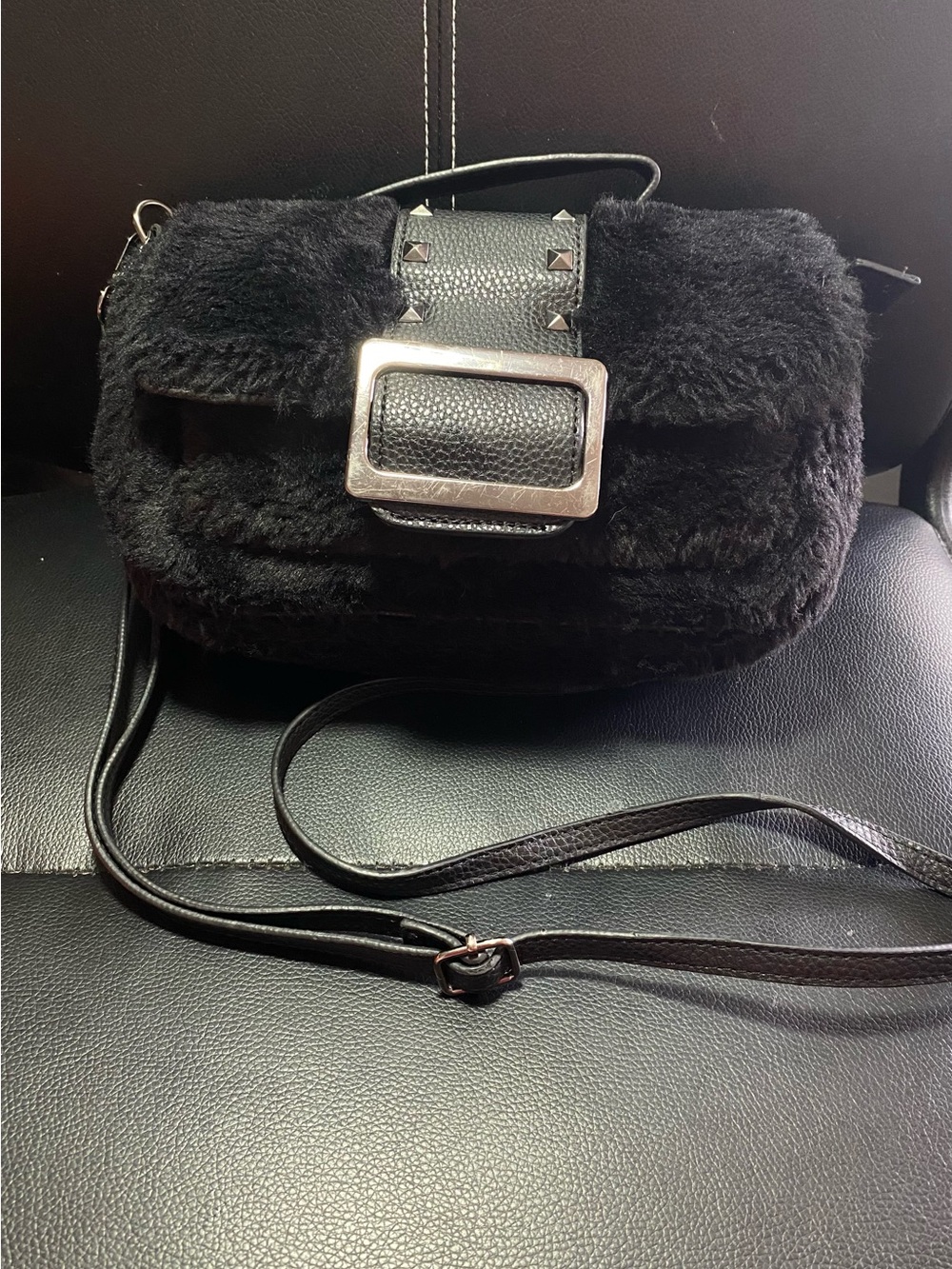 Claire’s Black Faux Fur Crossbody Bag with Studded Buckle